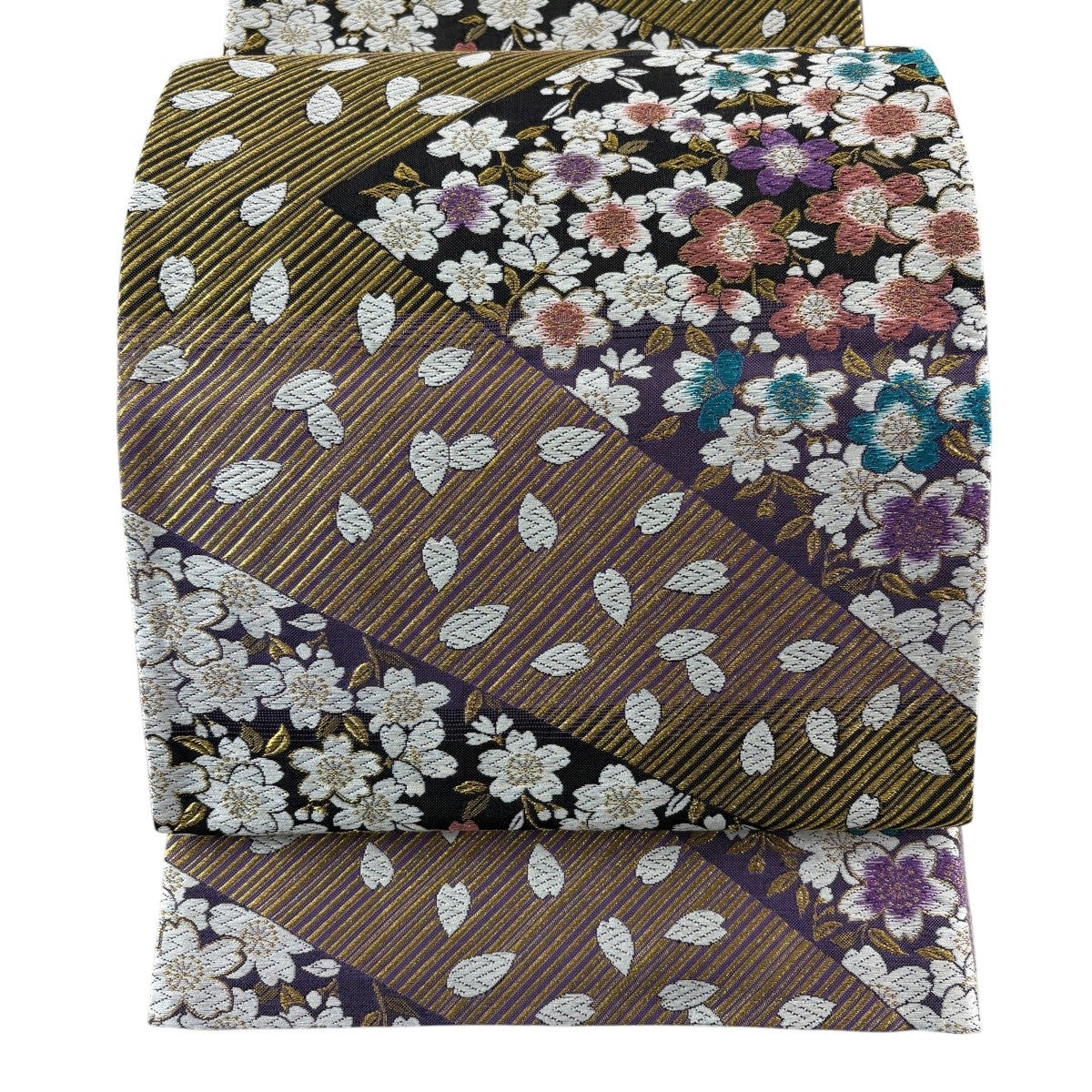 袋帯 名品 枝垂れ桜 幾何学模様 箔 金糸 銀色 六通 正絹｜中古・古着
