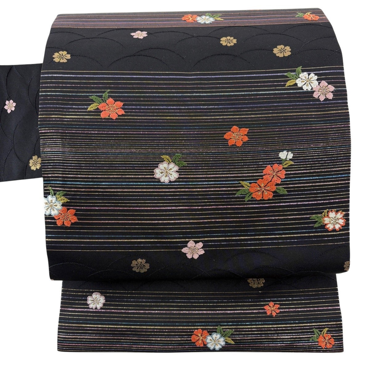 美品】 名古屋帯 秀品 桜 縞 箔 刺繍 黒 正絹｜中古・古着・リサイクル