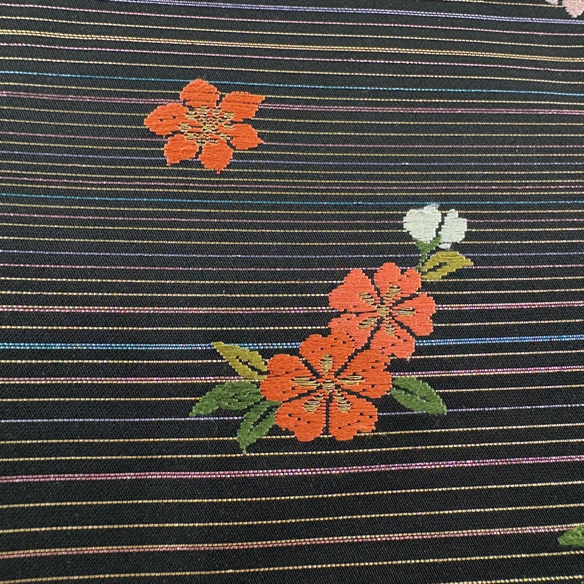 美品】 名古屋帯 秀品 桜 縞 箔 刺繍 黒 正絹｜中古・古着・リサイクル