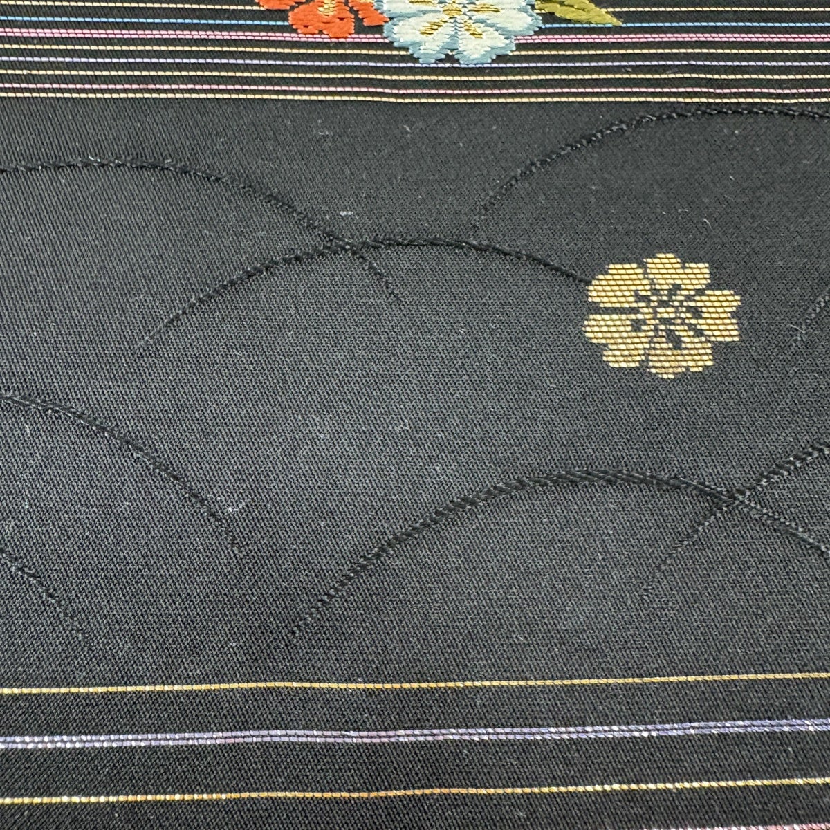 美品】 名古屋帯 秀品 桜 縞 箔 刺繍 黒 正絹｜中古・古着・リサイクル