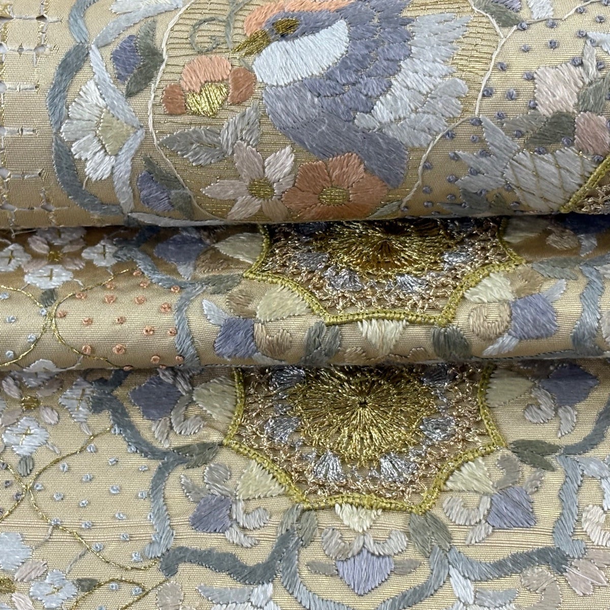 袋帯 逸品 華文 花鳥 金銀糸 刺繍 金色 六通 正絹｜中古・古着