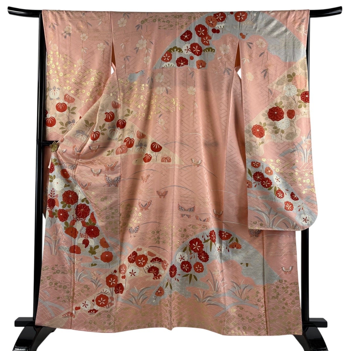 振袖 身丈173cm 裄丈71.5cm L 袷 桧扇 菊 金糸 金彩 ピンク 正絹 逸品