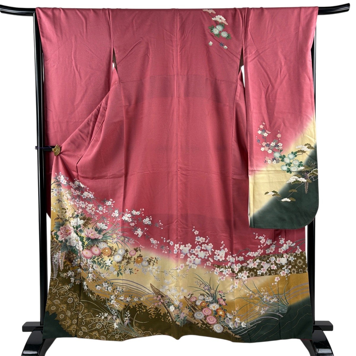 振袖 身丈163.5cm 裄丈68.5cm L 袷 牡丹 花籠 箔 金銀彩 ピンク 正絹
