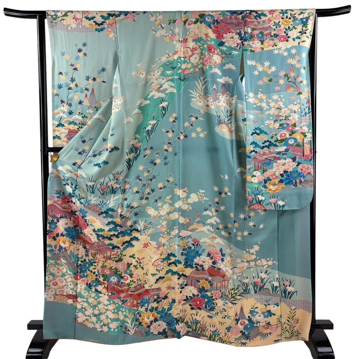 振袖 身丈166cm 裄丈65cm M 袷 家屋 牡丹 水色 正絹 秀品｜中古・古着