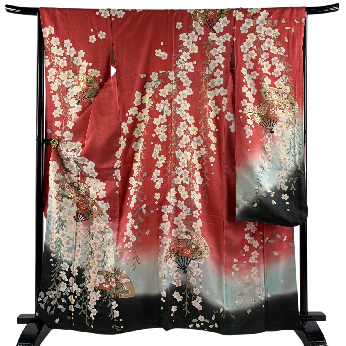 振袖 身丈165.5cm 裄丈67cm M 袷 扇 梅 金糸 金彩 茜色 正絹 秀品
