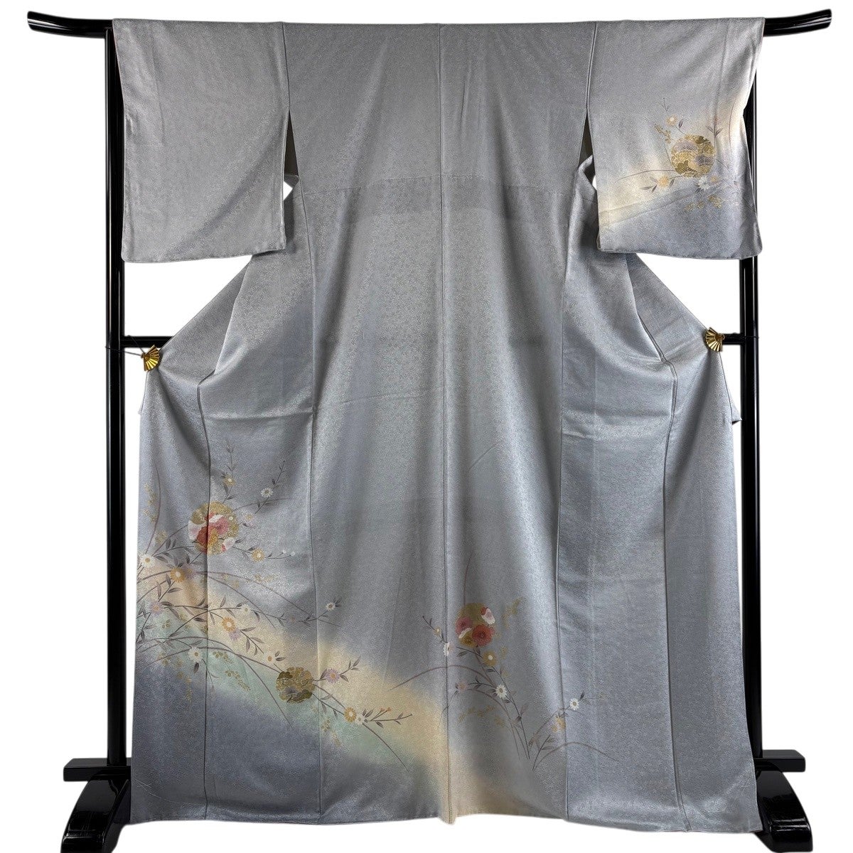 美品】 訪問着 身丈170cm 裄丈66.5cm M 袷 梅 菊 金糸 金彩 青灰色
