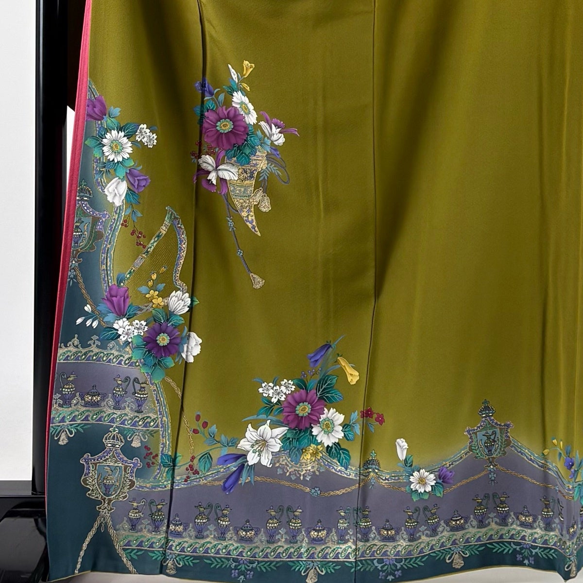 振袖 身丈166cm 裄丈68.5cm L 袷 草花 ハープ 金銀彩 茶緑色 正絹 秀品
