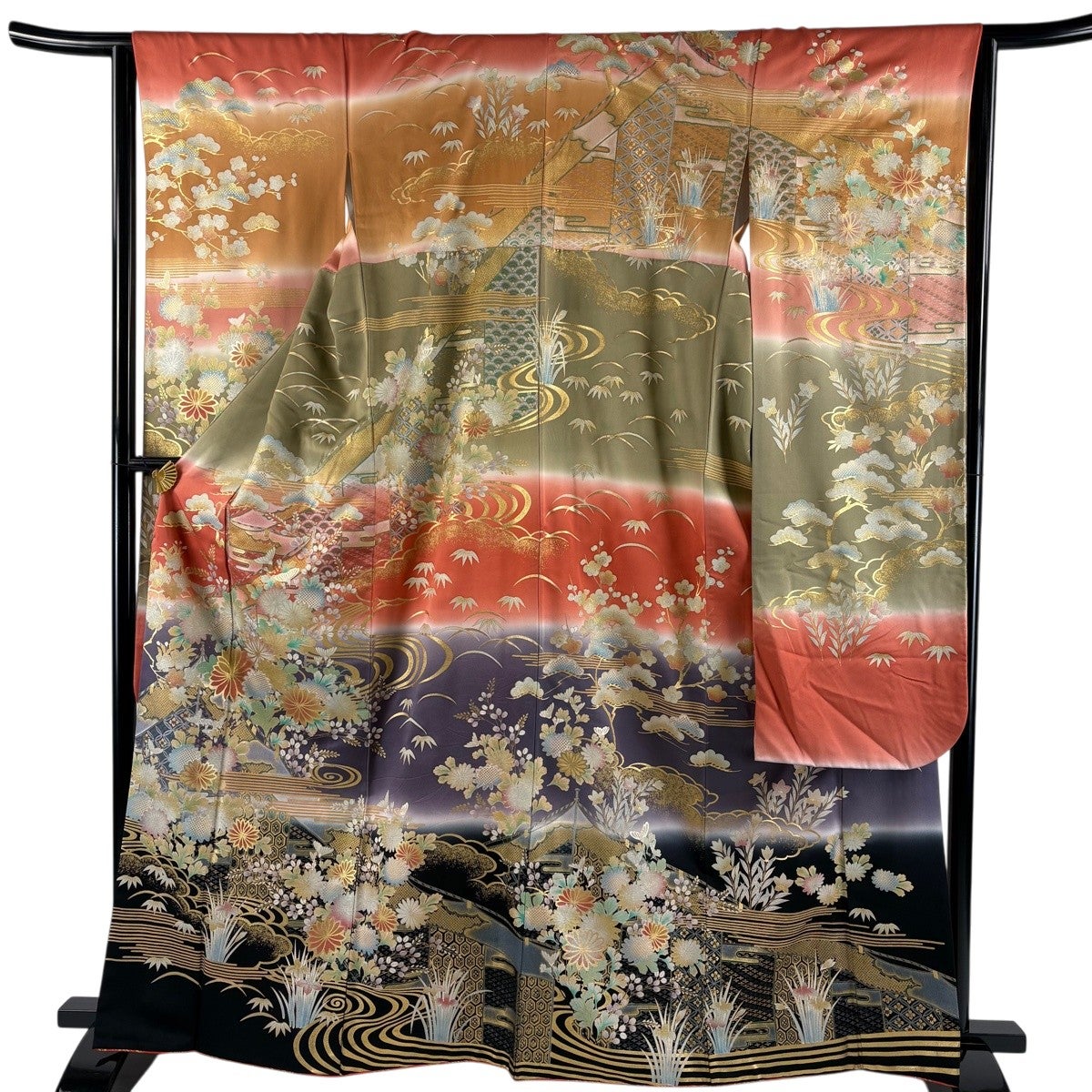 振袖 身丈165cm 裄丈64cm M 袷 菊 流水 金銀彩 ぼかし 茶色 正絹 秀品