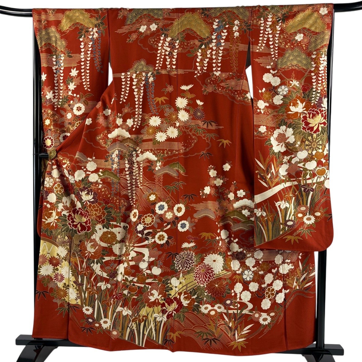 美品】 振袖 身丈160cm 裄丈66cm M 袷 鈴乃屋 花車 流水 金彩 赤茶