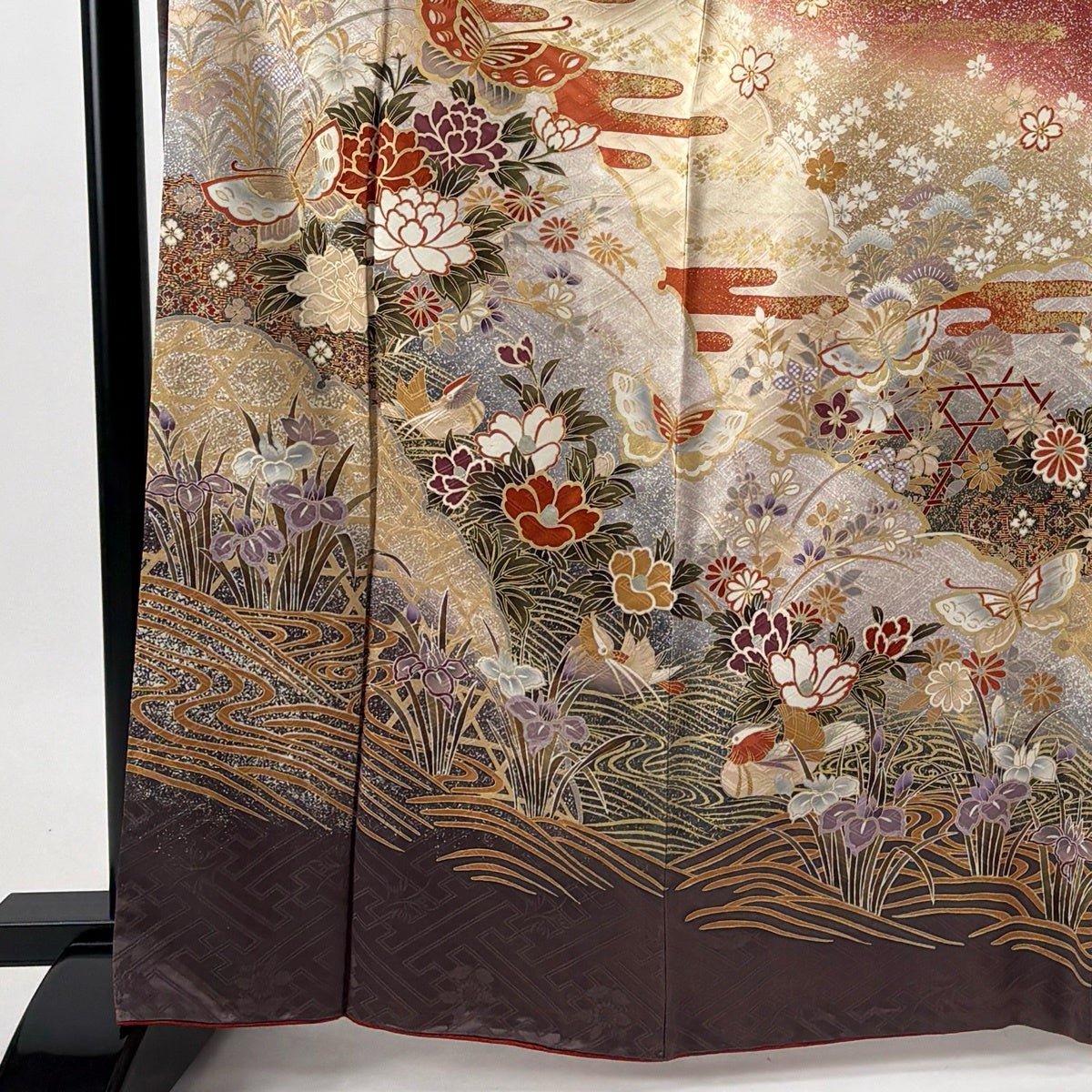振袖 身丈167.5cm 裄丈66.5cm M 袷 蝶 草花 金彩 染め分け 灰紫 正絹