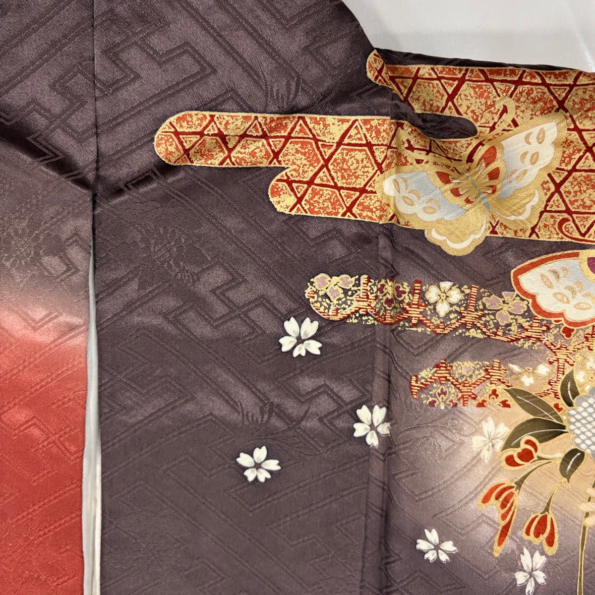 振袖 身丈167.5cm 裄丈66.5cm M 袷 蝶 草花 金彩 染め分け 灰紫 正絹