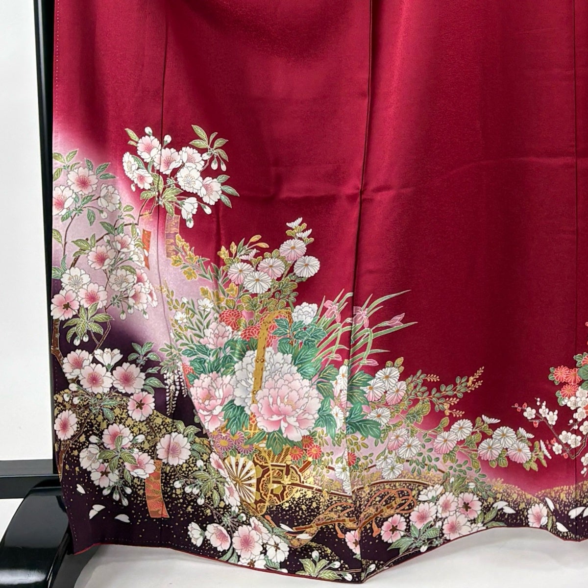 振袖 身丈169cm 裄丈69cm L 袷 鈴乃屋 花車 短冊 金彩 染め分け えんじ
