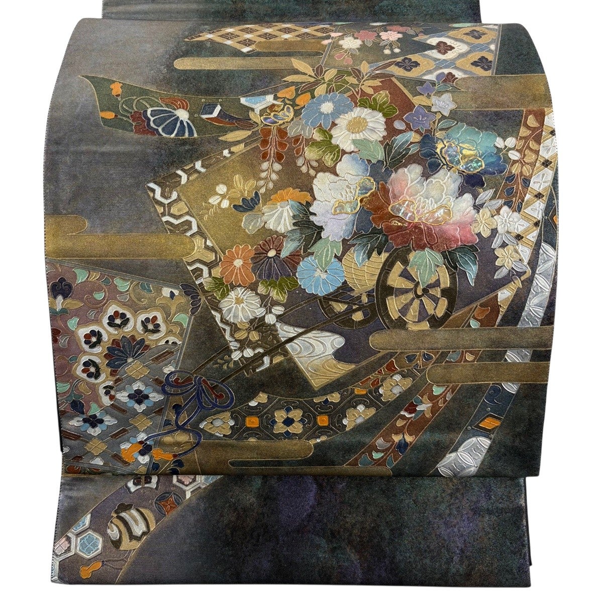 美品】 袋帯 名品 丹下雄介 落款あり 草花 シルエット 箔 金彩 青灰色