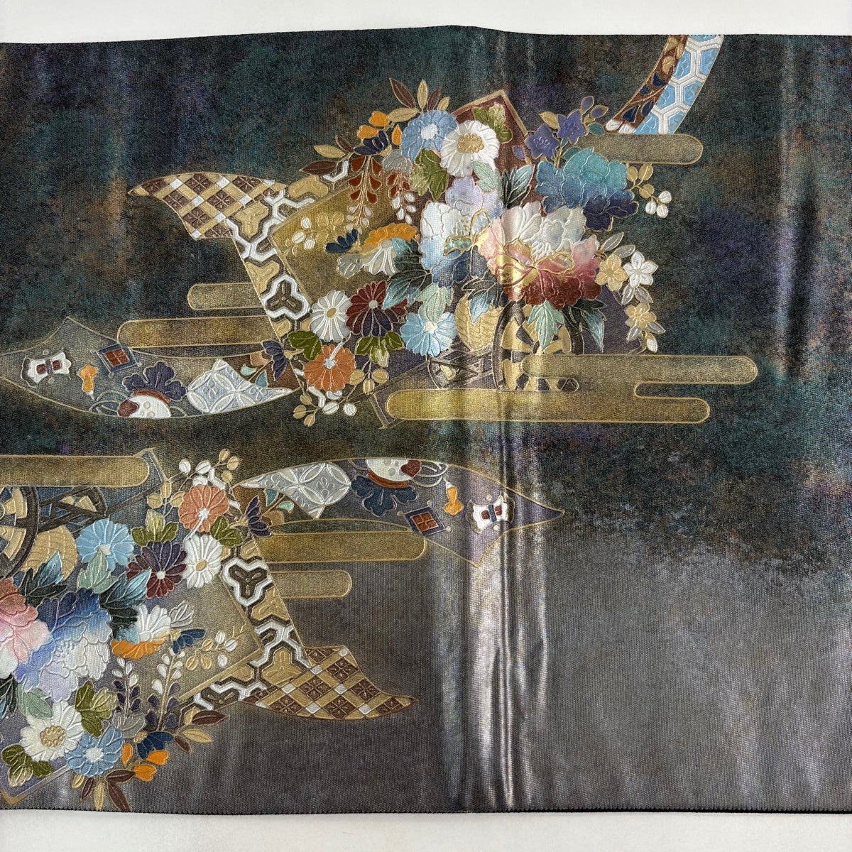 美品】 袋帯 名品 落款あり 花車 ヱ霞 金銀彩 螺鈿 深緑 お太鼓柄 正絹
