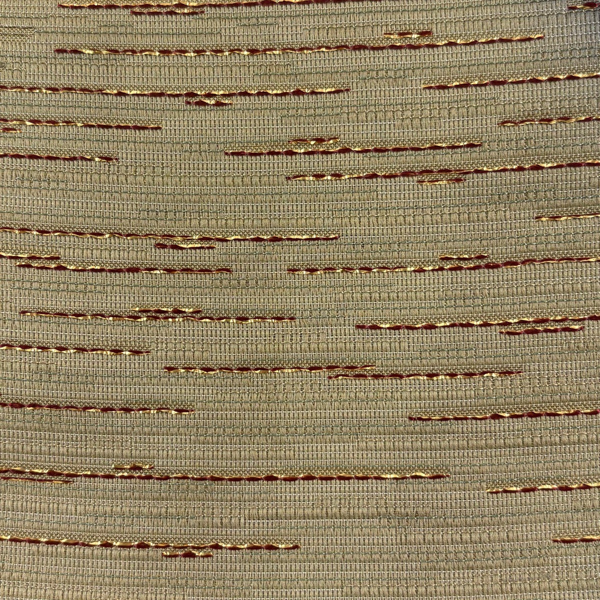 弥栄織物 袋帯 幾何学模様 灰茶 全通 正絹 美品】 袋帯 名品 幾何学模様 箔 金糸 灰緑 全通 正絹｜中古・古着