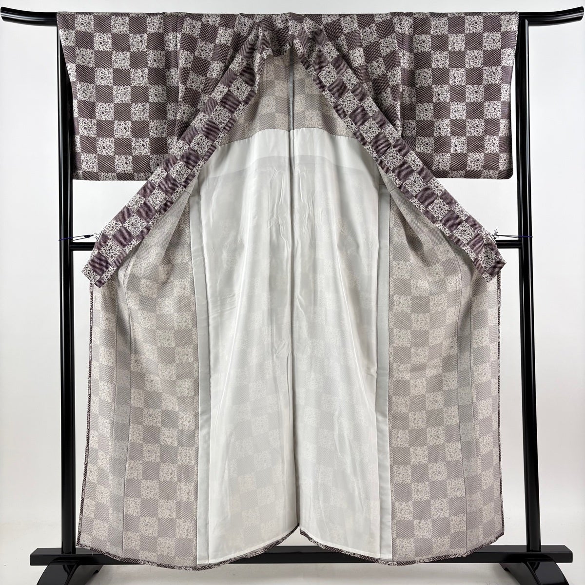 美品】 小紋 身丈158cm 裄丈67cm M 単衣 市松模様 草花 灰茶 正絹 秀品