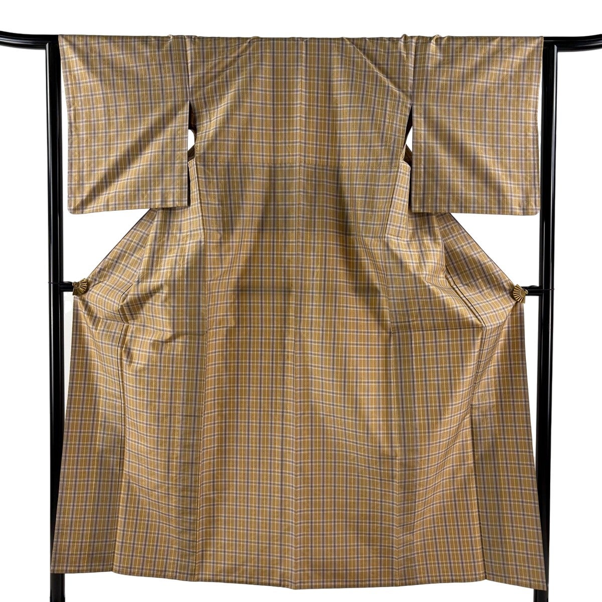 美品】 紬 身丈154.5cm 裄丈63.5cm S 単衣 格子 幾何学 薄茶色 正絹