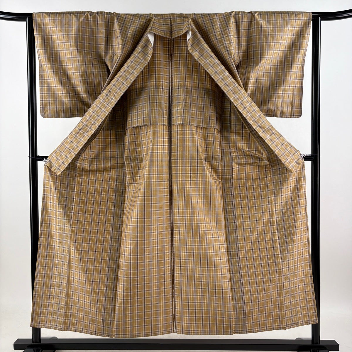 美品】 紬 身丈154.5cm 裄丈63.5cm S 単衣 格子 幾何学 薄茶色 正絹