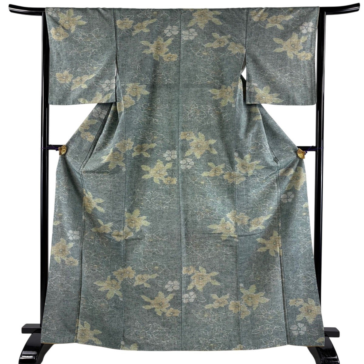 美品】 紬 身丈165cm 裄丈64.5cm M 袷 花 灰緑 正絹 優品｜中古・古着