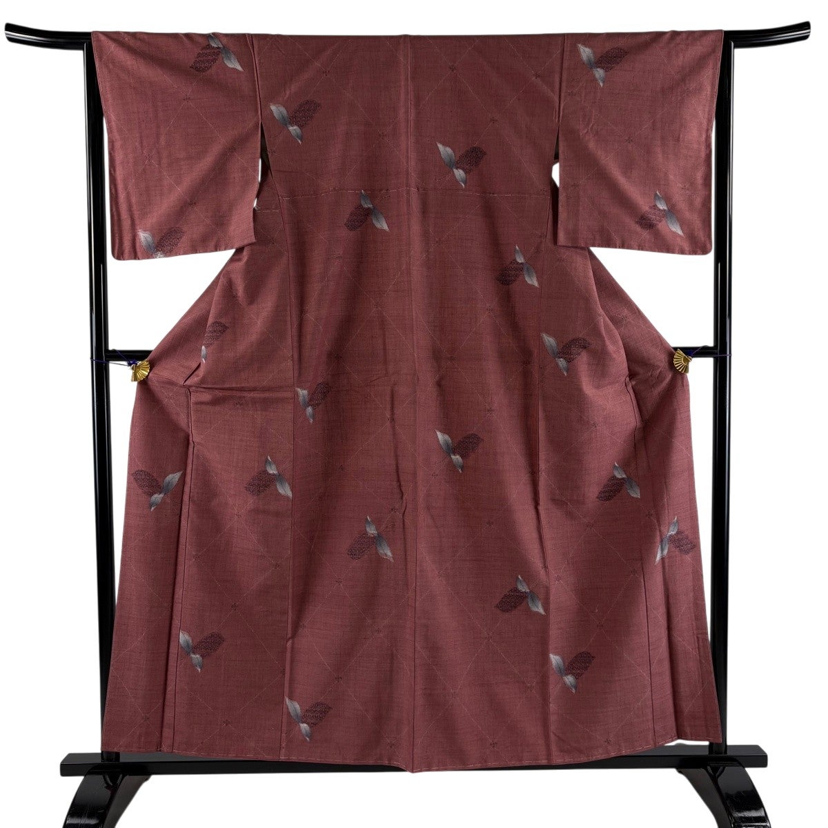 紬 身丈158cm 裄丈64.5cm M 袷 草花 菱 小豆色 正絹 優品｜中古・古着