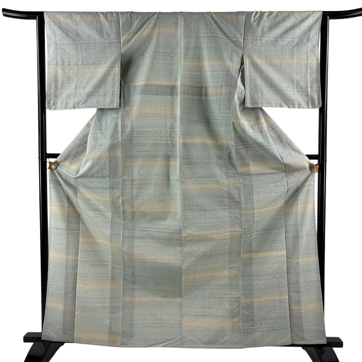 美品】 紬 身丈165cm 裄丈63cm S 単衣 段縞 薄緑 正絹 逸品｜中古