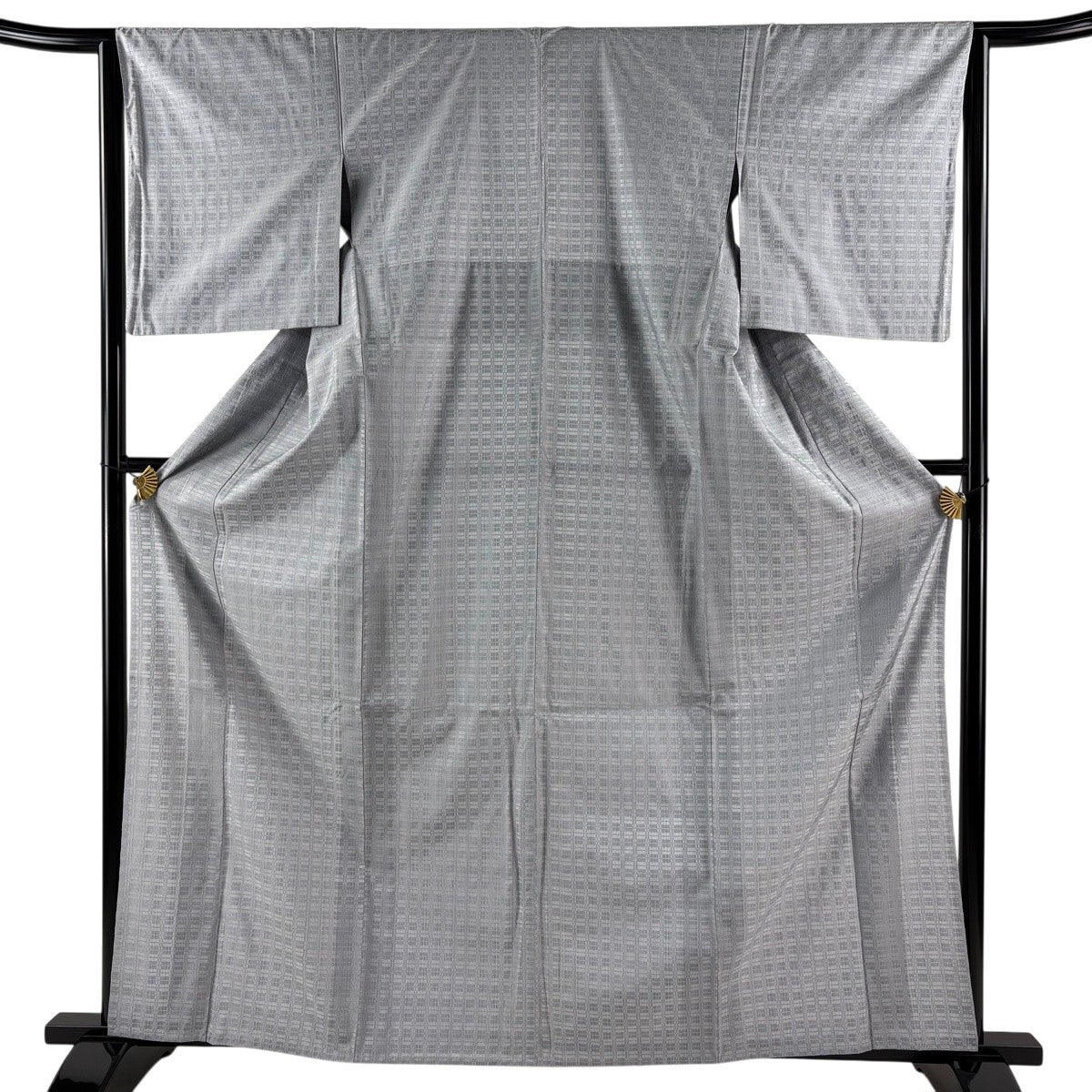 紬 身丈162cm 裄丈65.5cm M 単衣 格子 灰色 正絹 逸品｜中古・古着