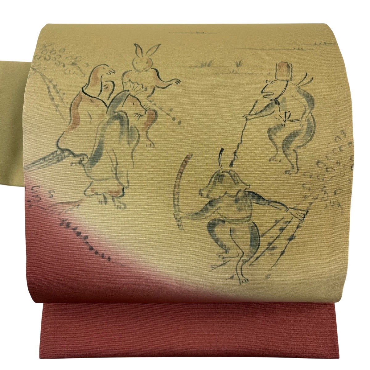 美品】 名古屋帯 逸品 落款あり 鳥獣戯画 薄黄土色 正絹｜中古・古着