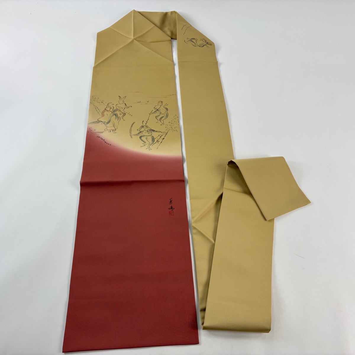 美品】 名古屋帯 逸品 落款あり 鳥獣戯画 薄黄土色 正絹｜中古・古着