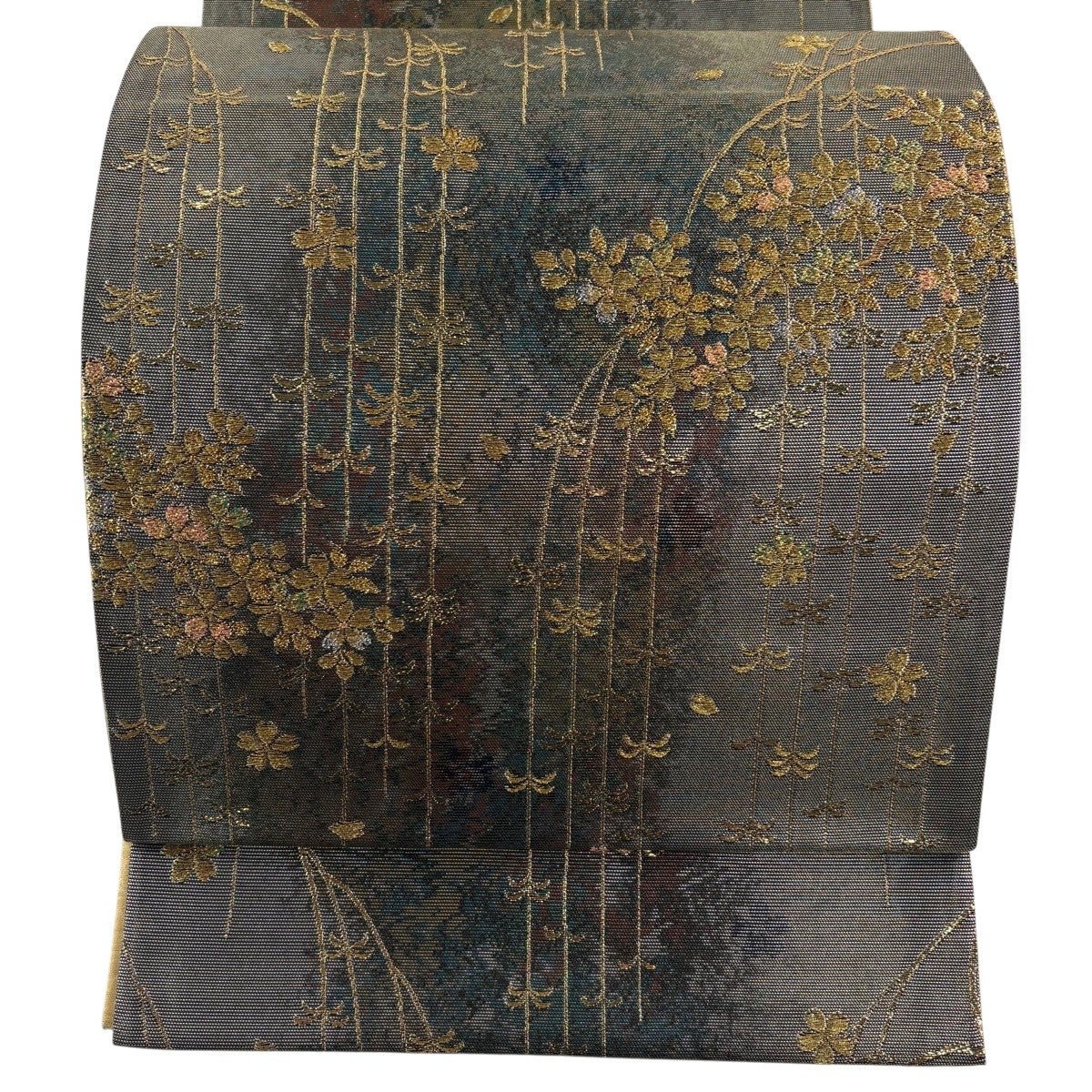 袋帯 名品 枝垂れ桜 幾何学模様 箔 金糸 銀色 六通 正絹｜中古・古着