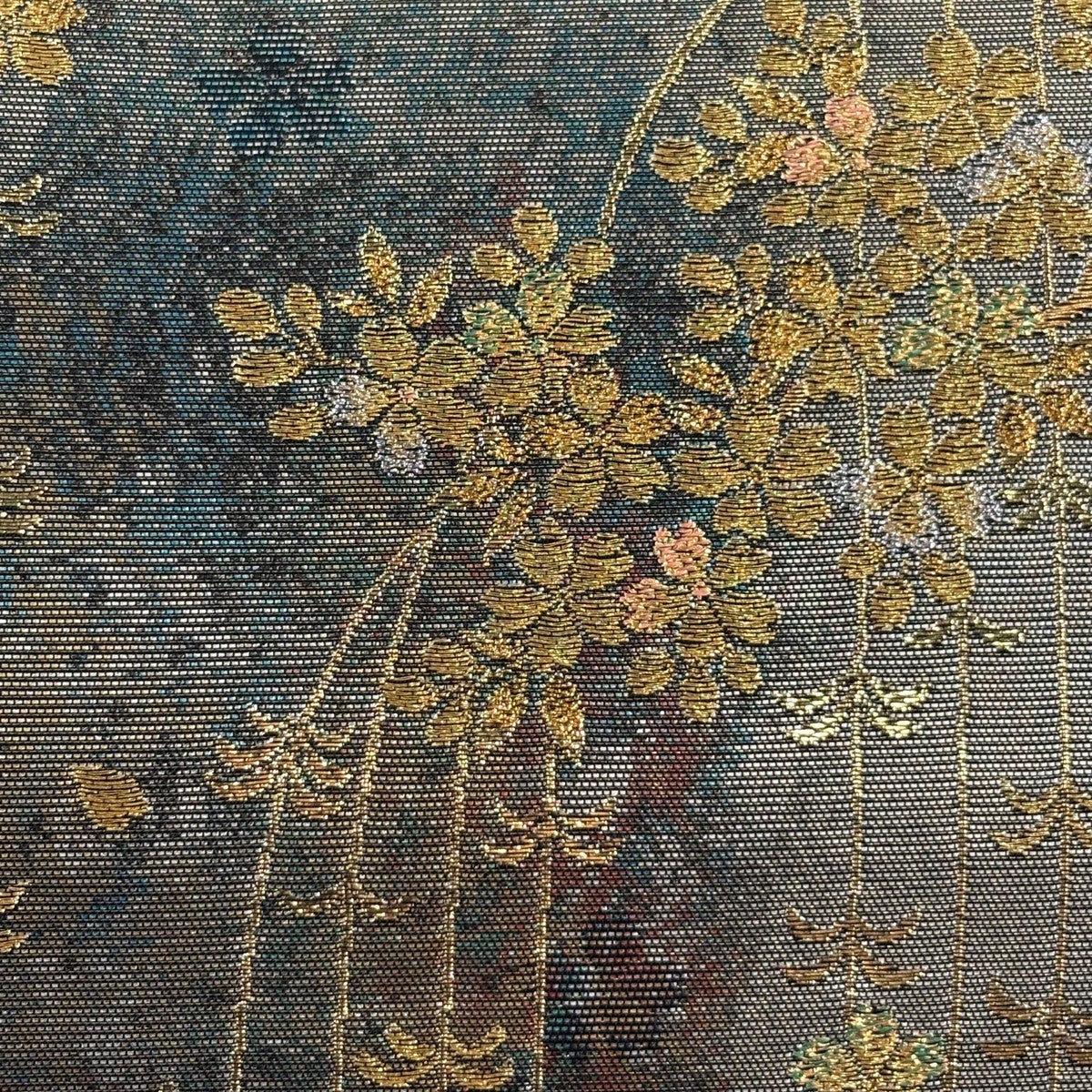 袋帯 名品 枝垂れ桜 幾何学模様 箔 金糸 銀色 六通 正絹｜中古・古着