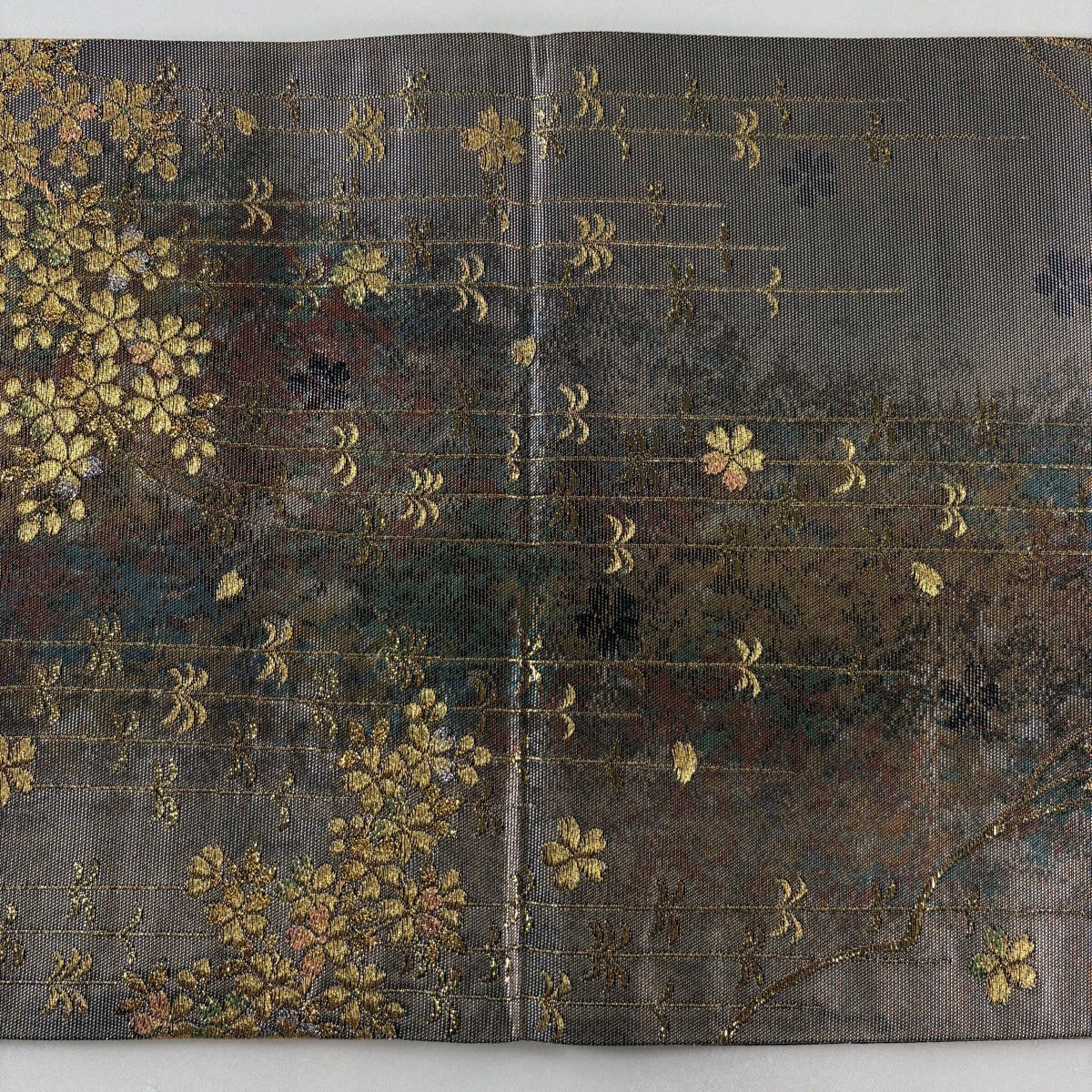 袋帯 名品 枝垂れ桜 幾何学模様 箔 金糸 銀色 六通 正絹｜中古・古着