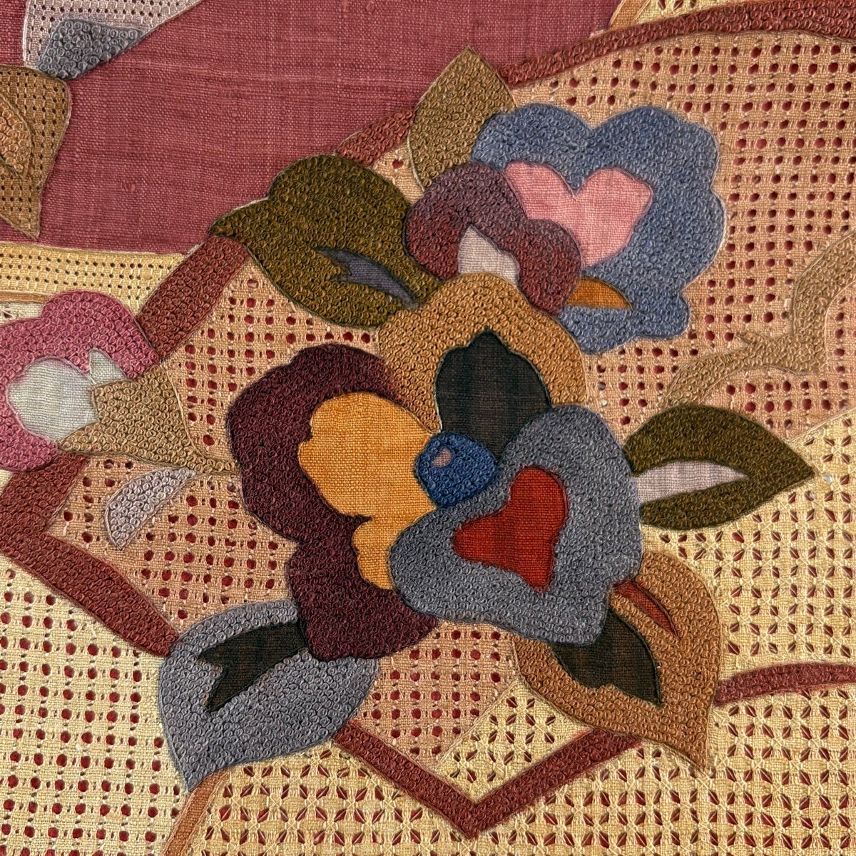 袋帯 名品 枝花 扇面 刺繍 赤茶 お太鼓柄 正絹｜中古・古着