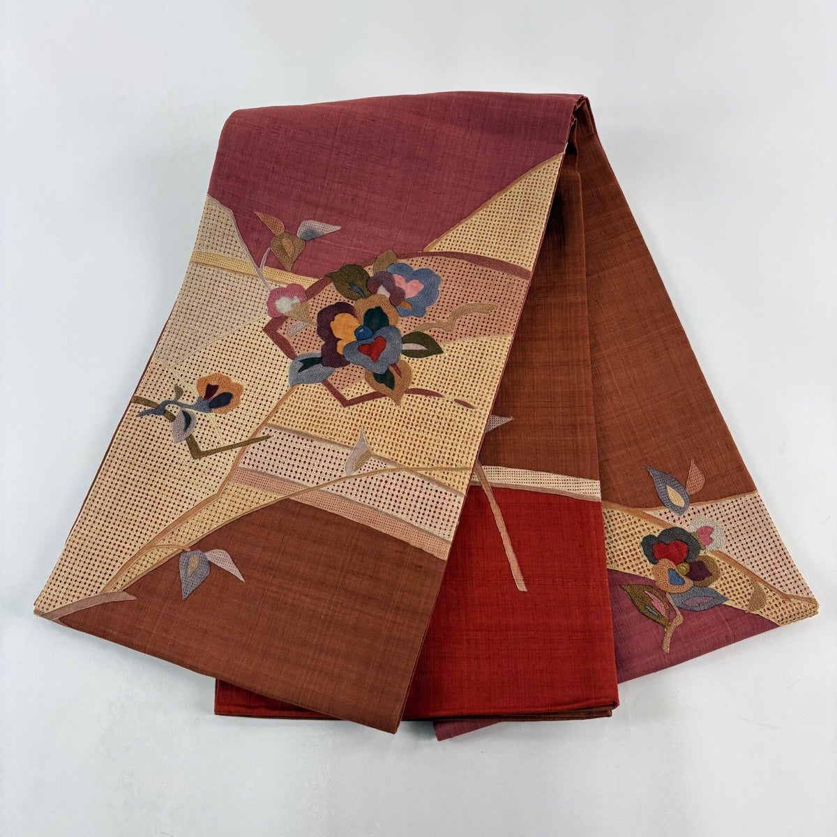 袋帯 名品 枝花 扇面 刺繍 赤茶 お太鼓柄 正絹｜中古・古着