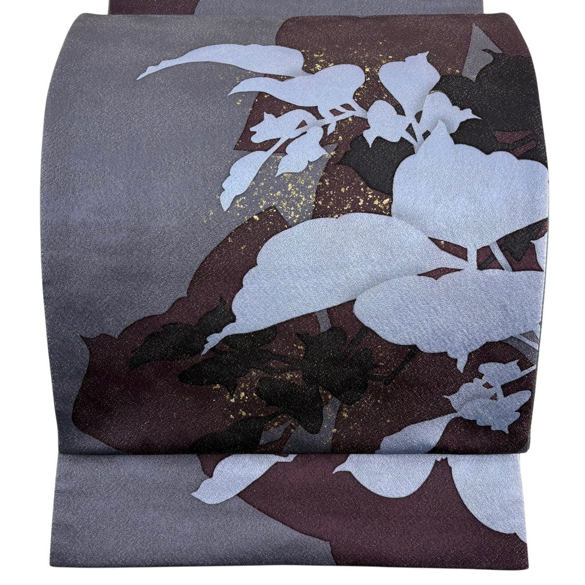 美品】 袋帯 名品 丹下雄介 落款あり 草花 シルエット 箔 金彩 青灰色
