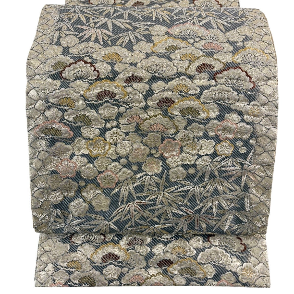 袋帯 名品 松竹梅 幾何学模様 銀糸 ベージュ 六通 正絹｜中古・古着