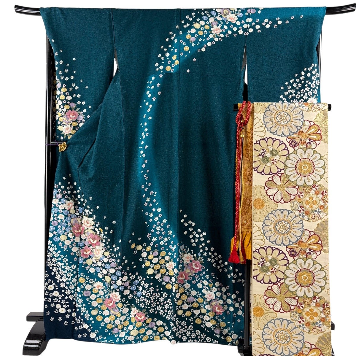振袖 身丈168cm 裄丈69.5cm L 袷 袋帯フルセット 草花 鞠 金糸 銀通し