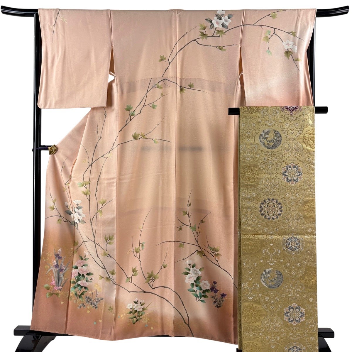 訪問着 身丈159.5cm 裄丈66cm M 袷 袋帯セット 枝花 草花 金彩 ぼかし