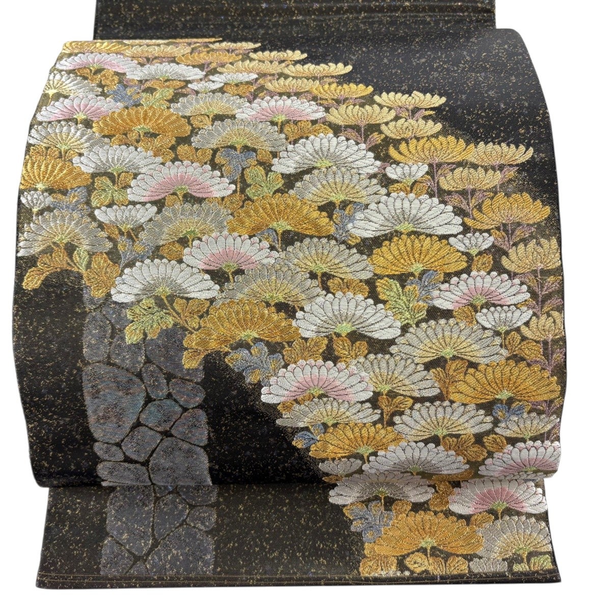 C 美品 花々 唐草唐花 七宝 金銀糸 落款入 正絹 六通 袋帯 フォーマル 美品】 袋帯 秀品 草花 七宝 金銀糸 箔 墨色 六通 正絹｜中古・古着