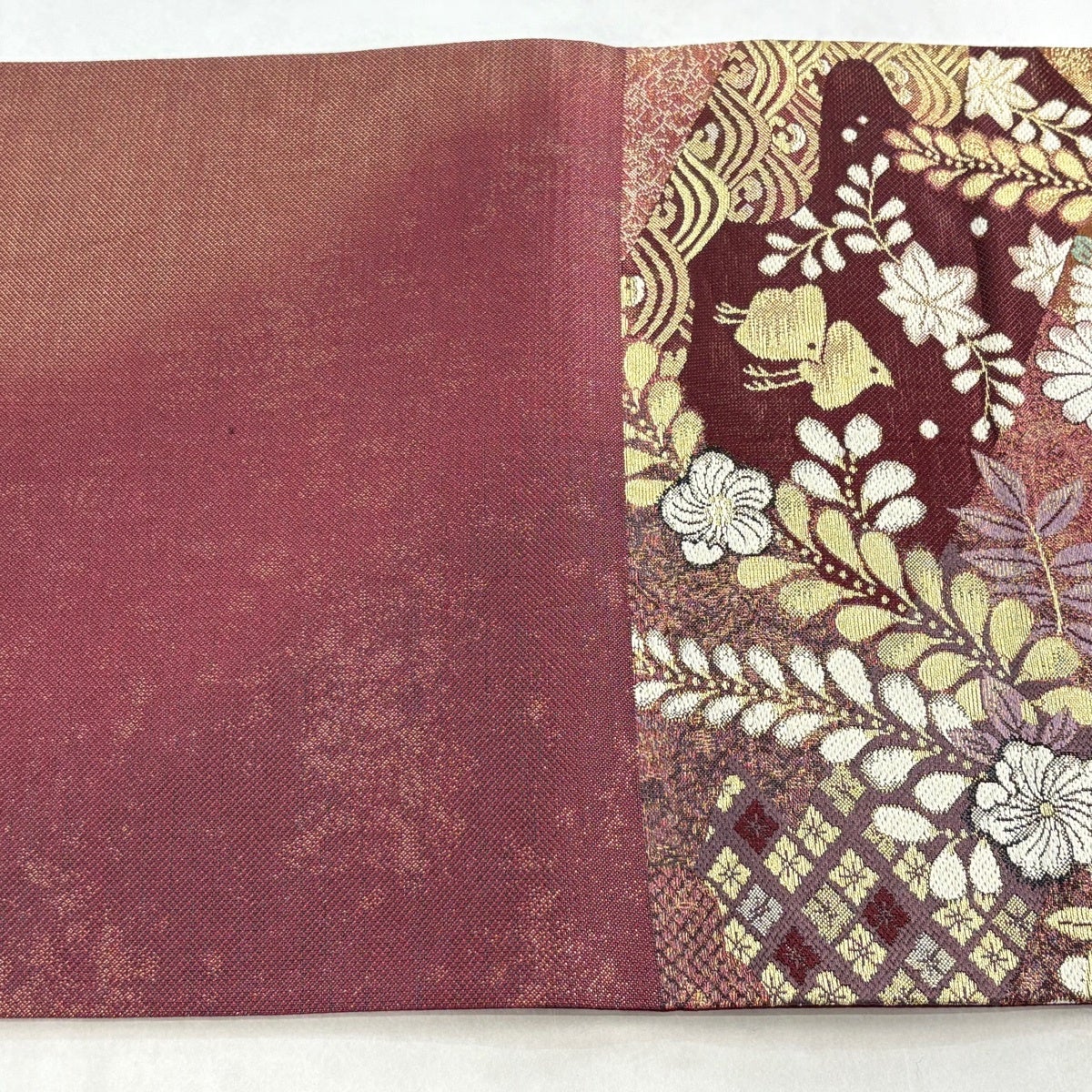 美品】 袋帯 秀品 やまと 辻が花柄 有職文様 金糸 箔 赤紫 六通 正絹