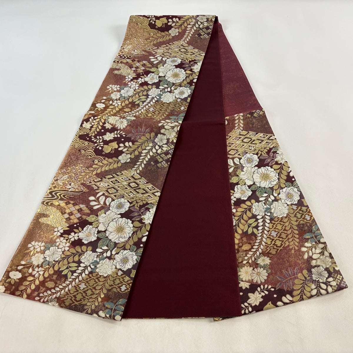 美品】 袋帯 秀品 やまと 辻が花柄 有職文様 金糸 箔 赤紫 六通 正絹