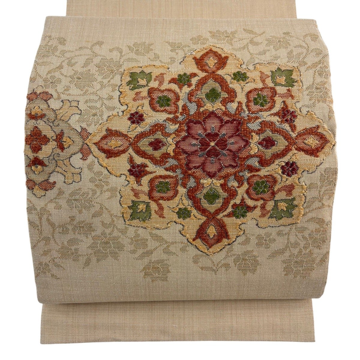 美品】 名古屋帯 優品 八寸名古屋帯 松葉仕立て 華文 金糸 ベージュ