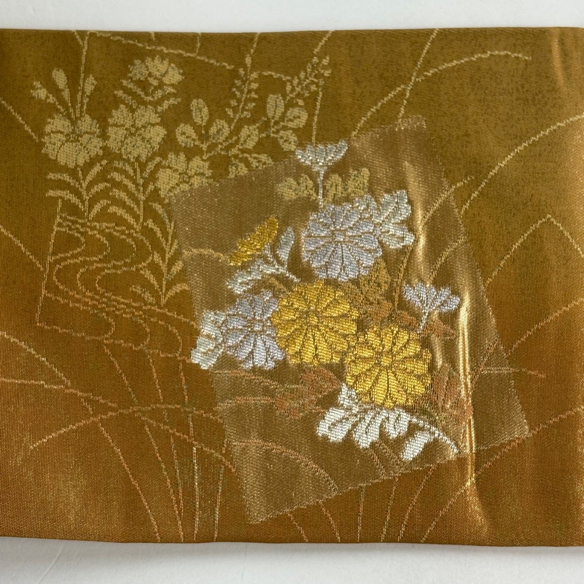 名古屋帯 優品 色紙 草花 金銀糸 箔 茶色 正絹｜中古・古着