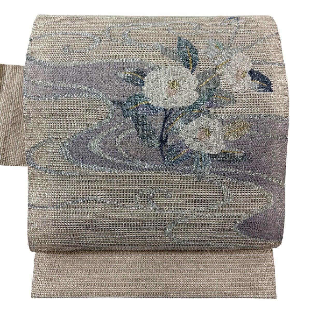 名古屋帯 優品 夏帯 絽 椿 流水 金銀糸 ベージュ 正絹｜中古・古着