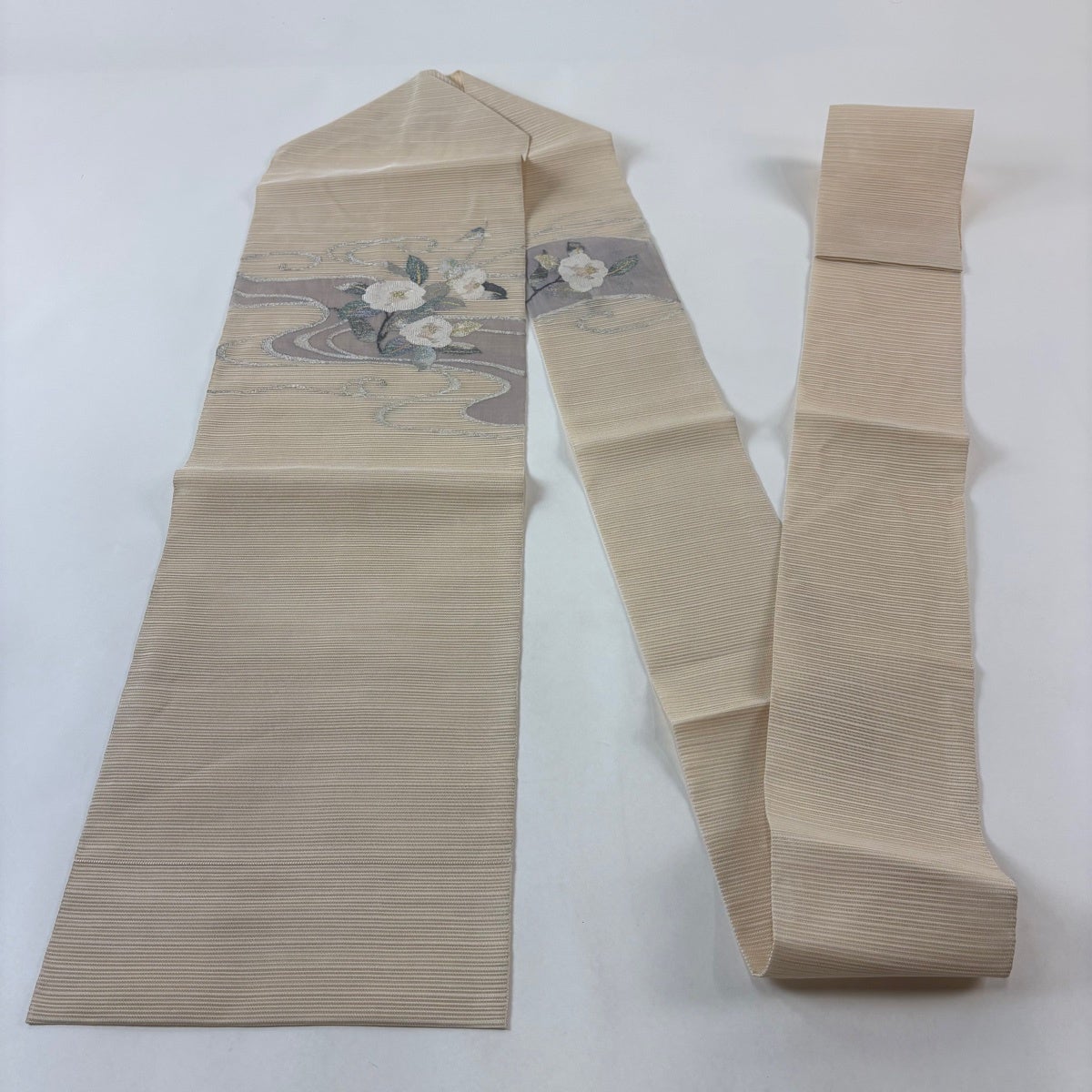 名古屋帯 優品 夏帯 絽 椿 流水 金銀糸 ベージュ 正絹｜中古・古着