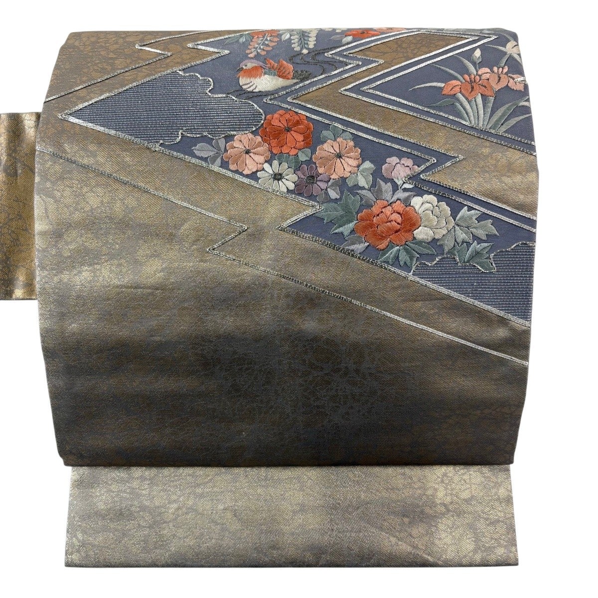 名古屋帯 優品 松皮菱 花鳥 刺繍 銀糸 金色 正絹｜中古・古着