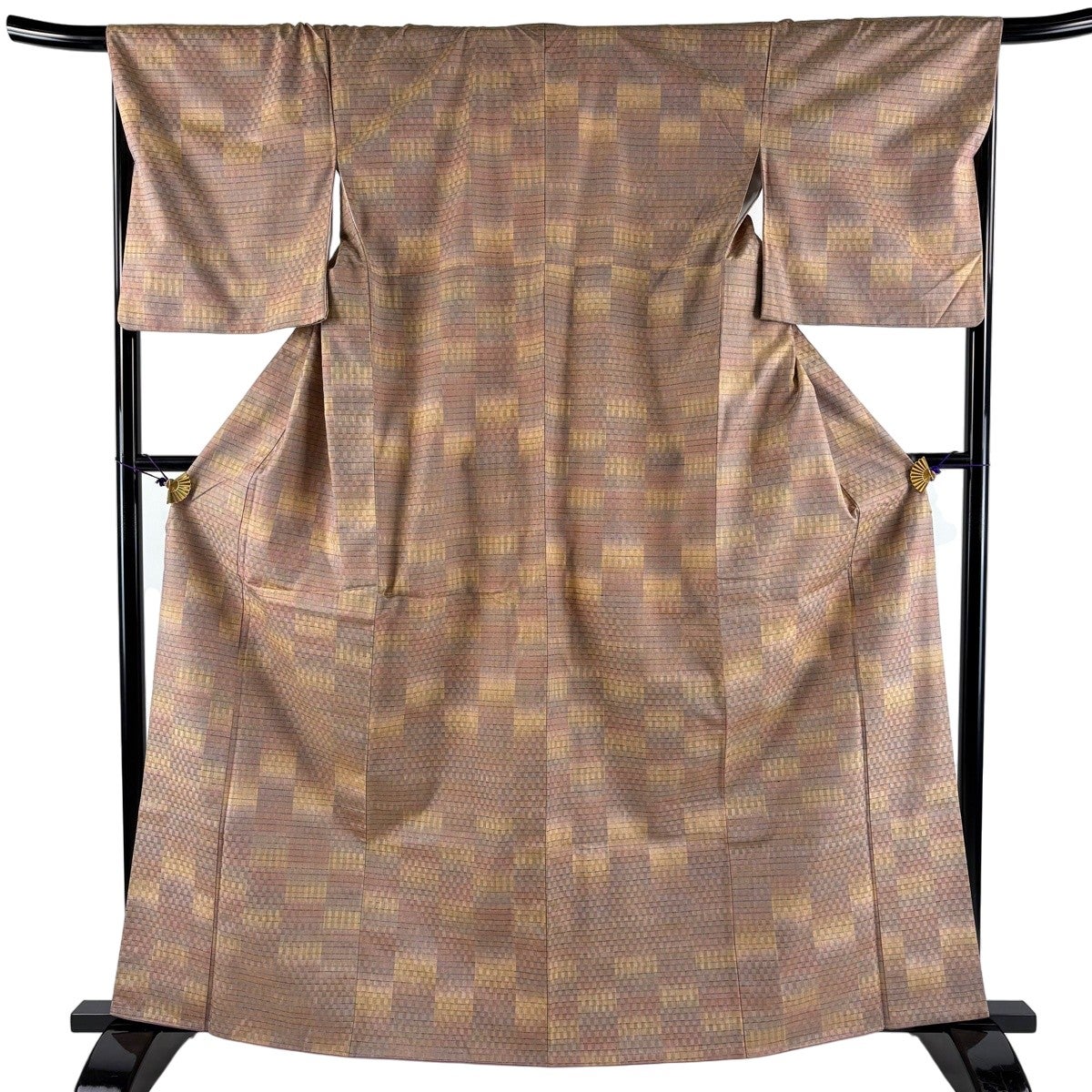 美品】 紬 身丈162cm 裄丈67.5cm L 袷 幾何学 縞 茶色 正絹 名品｜中古