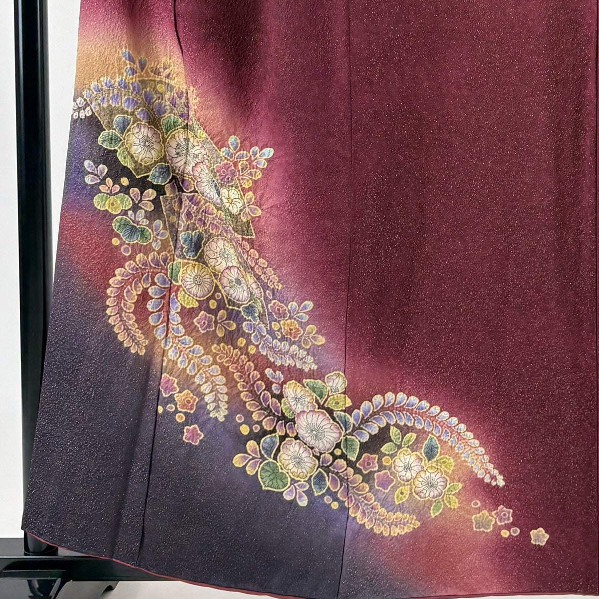 付下げ 身丈158.5cm 裄丈65cm M 袷 扇面 辻が花柄 金通し 絞り えんじ