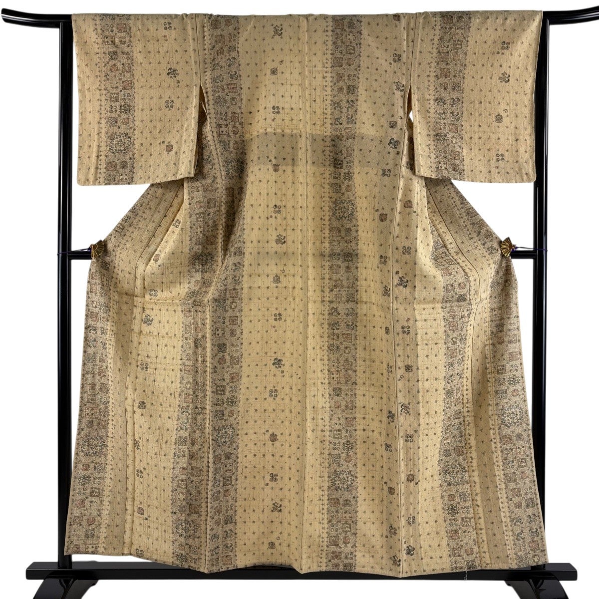 美品】 小紋 身丈158cm 裄丈64.5cm M 単衣 紬地 華文 草花 金彩
