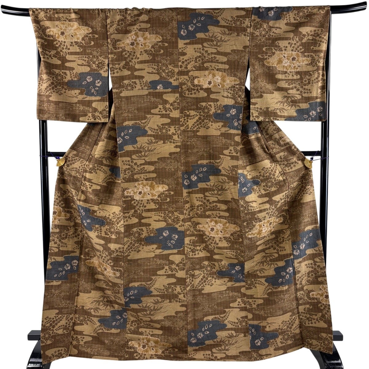 美品】 小紋 身丈169cm 裄丈68cm L 単衣 紬地 霞 草花 絞り 茶色 正絹