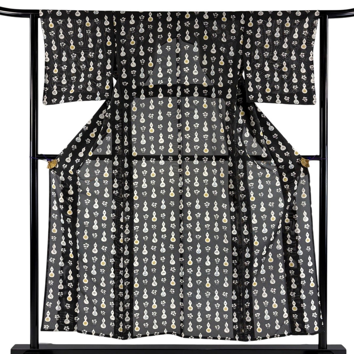 美品】 小紋 身丈155cm 裄丈62cm S 薄物 絽 瓢箪 草花 墨色 正絹 名品